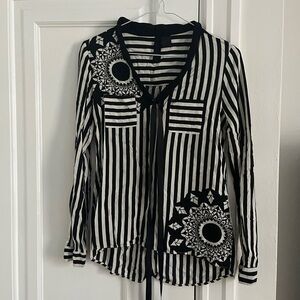 Desigual Black & White Striped Button-Down Blouse with Tie and Floral Medallions